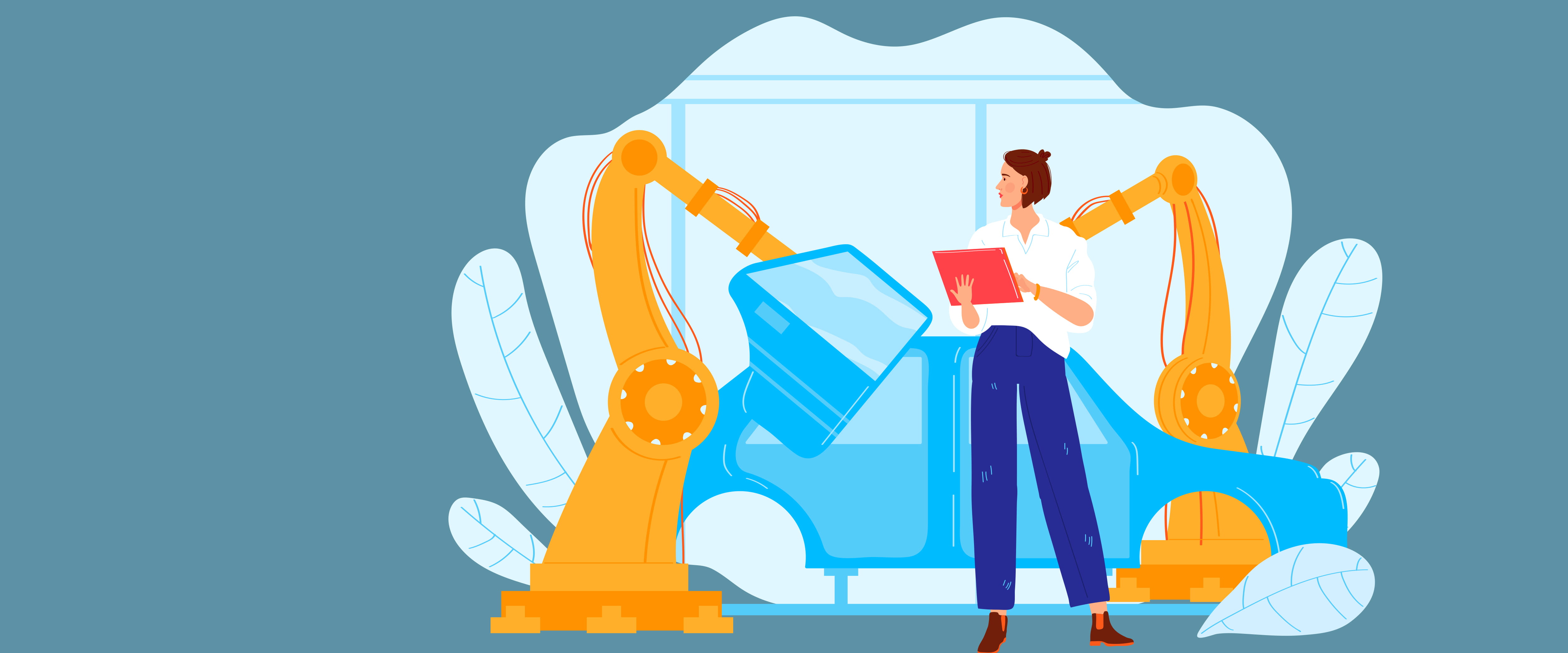 Illustration of a woman reviewing an automobile assembly line 