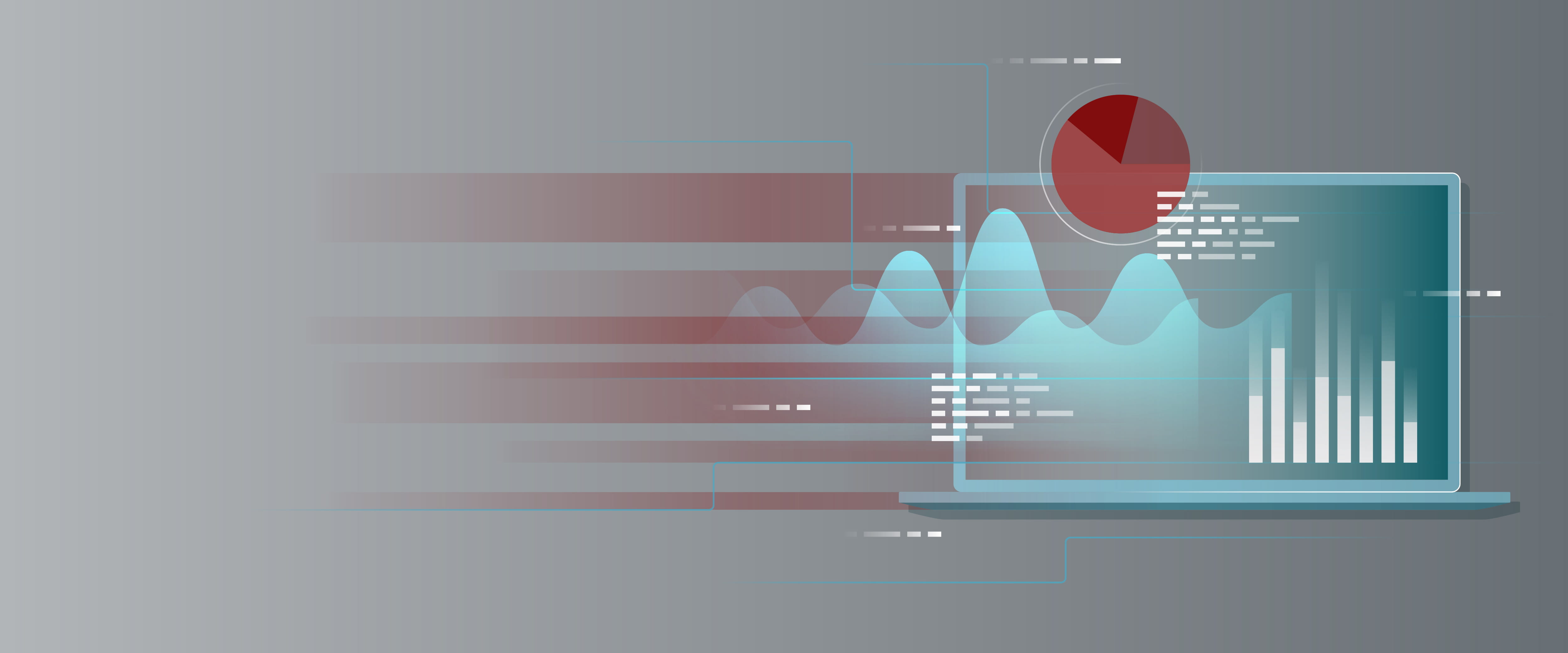 A laptop and different illustrated data elements (wave charts, a pie chart, and bar charts)