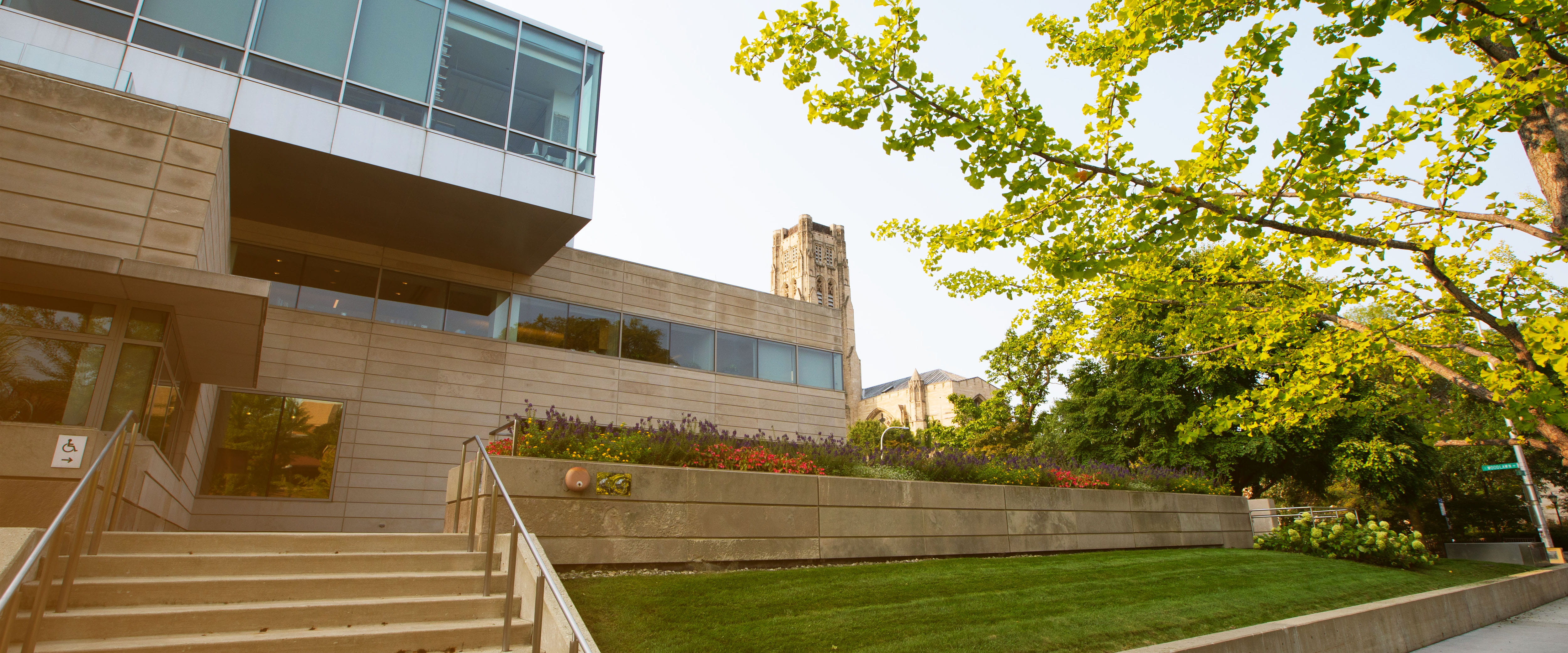 Sunset setting over the Chicago Booth Harper Center