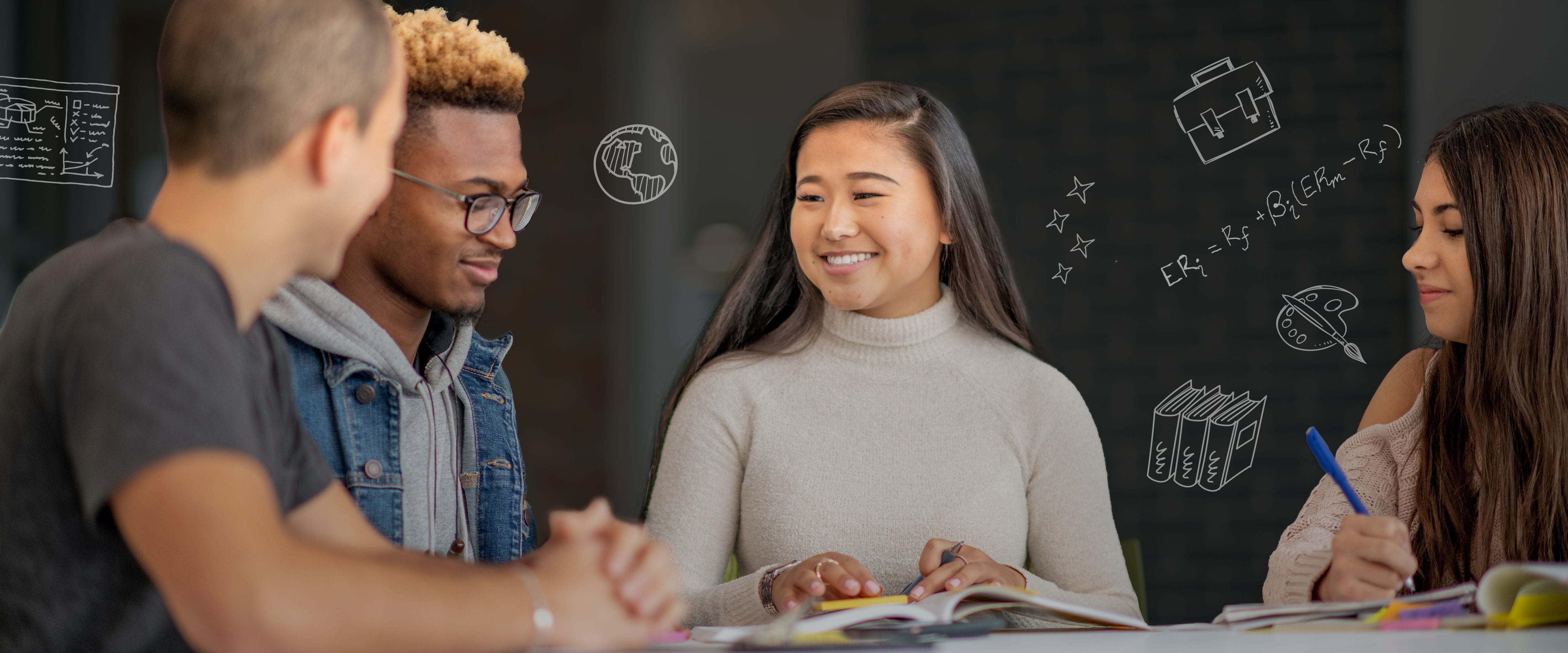 Master in management students collaborating, with global business icons in the background