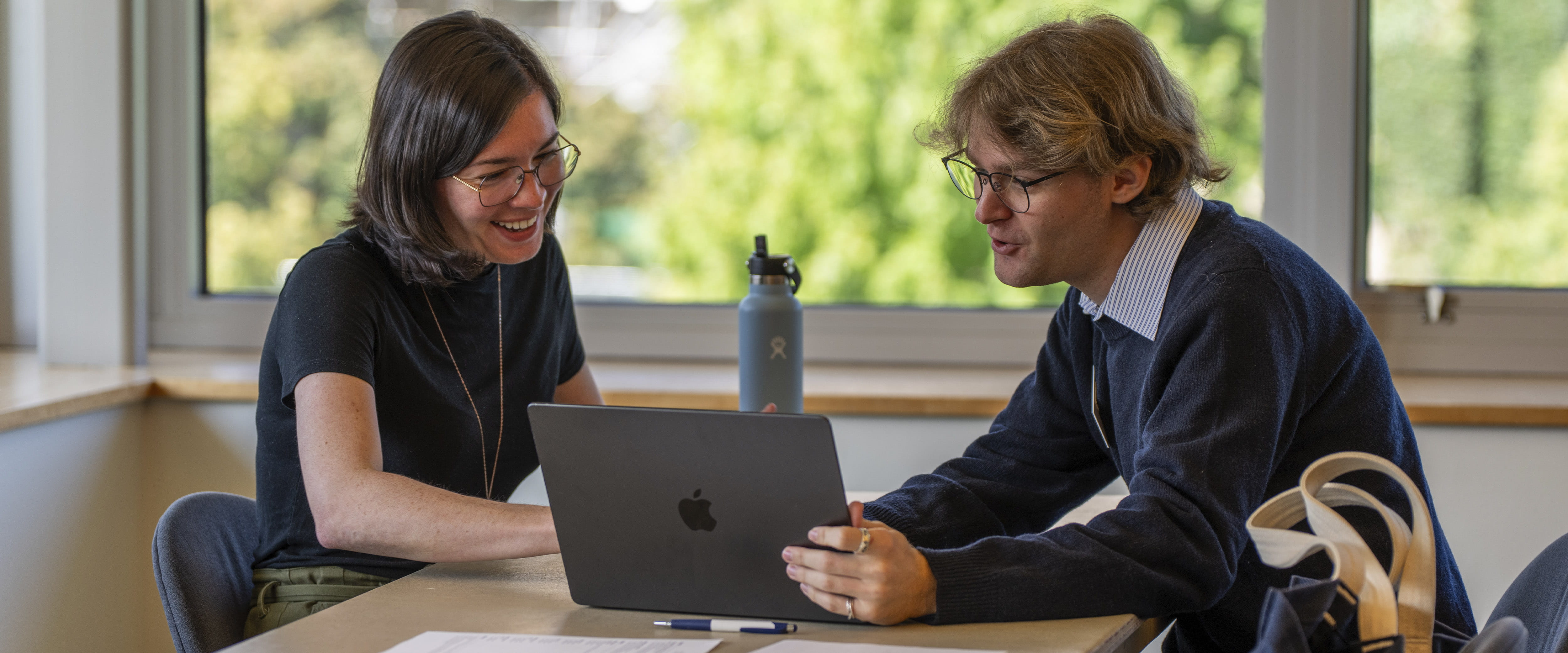 student counselor and student looking at laptop