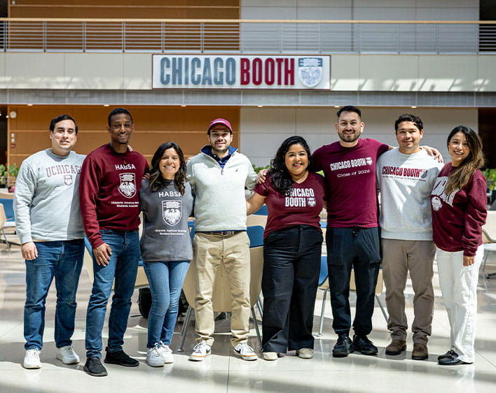 HABSA co-chairs wearing Chicago Booth merch in Winter Garden