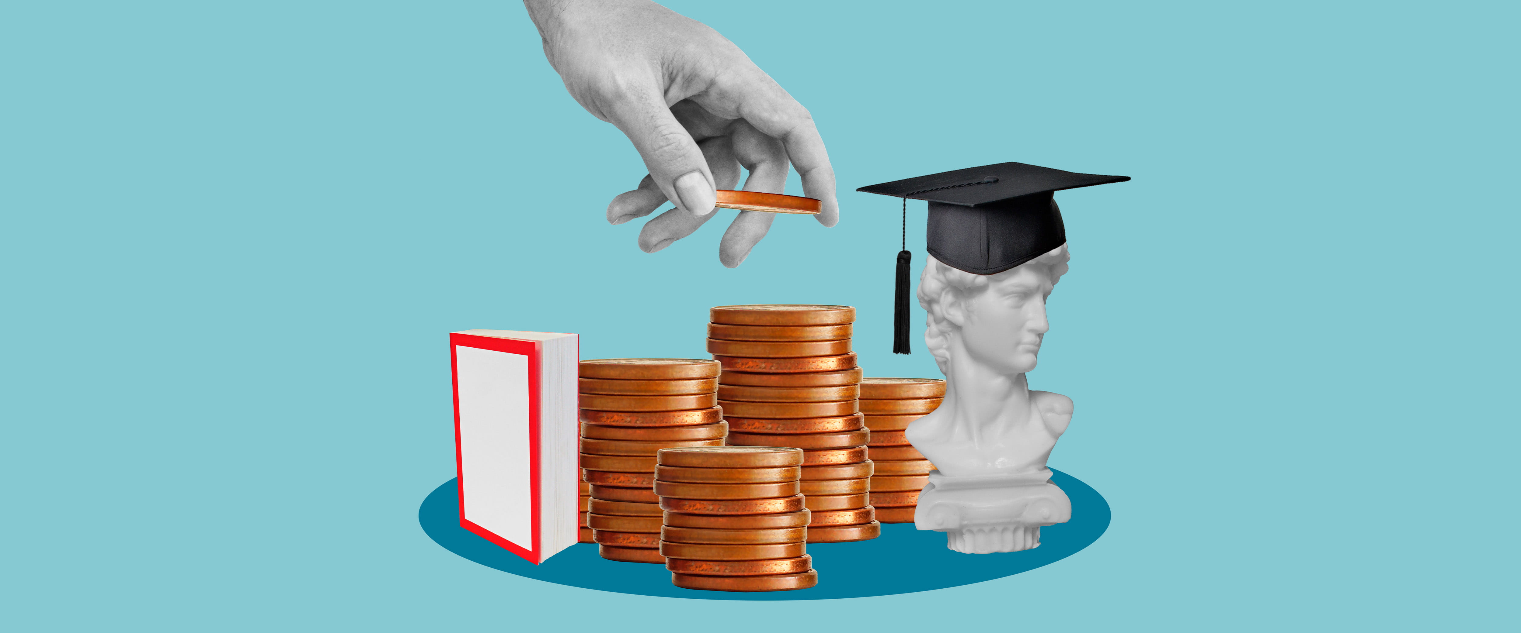 An illustration of a book, coins, and a bust wearing a graduation cap.