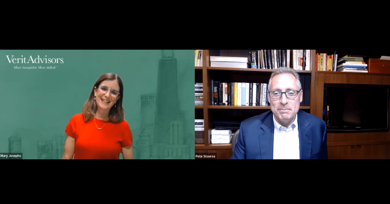 Mary Josephs and Pete Stavros talking on Zoom