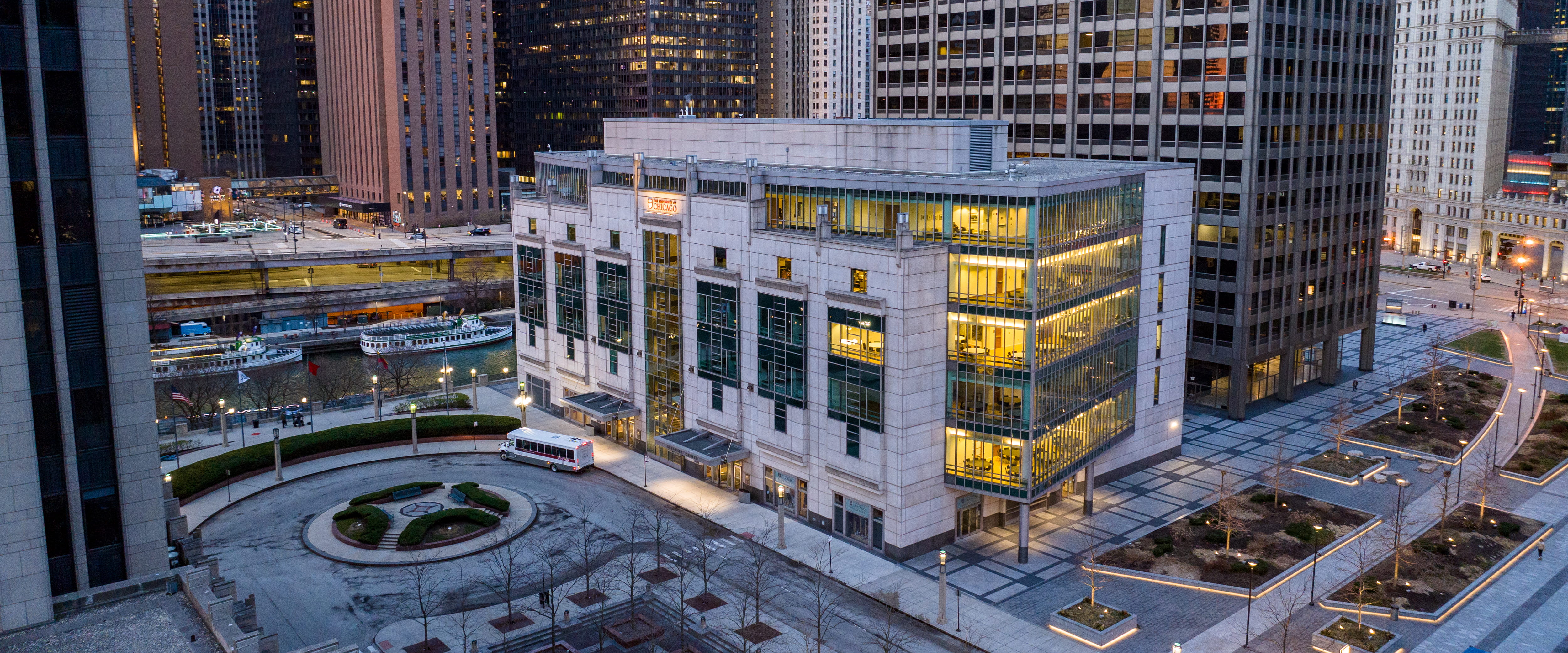 Gleacher Center exterior at blue hour